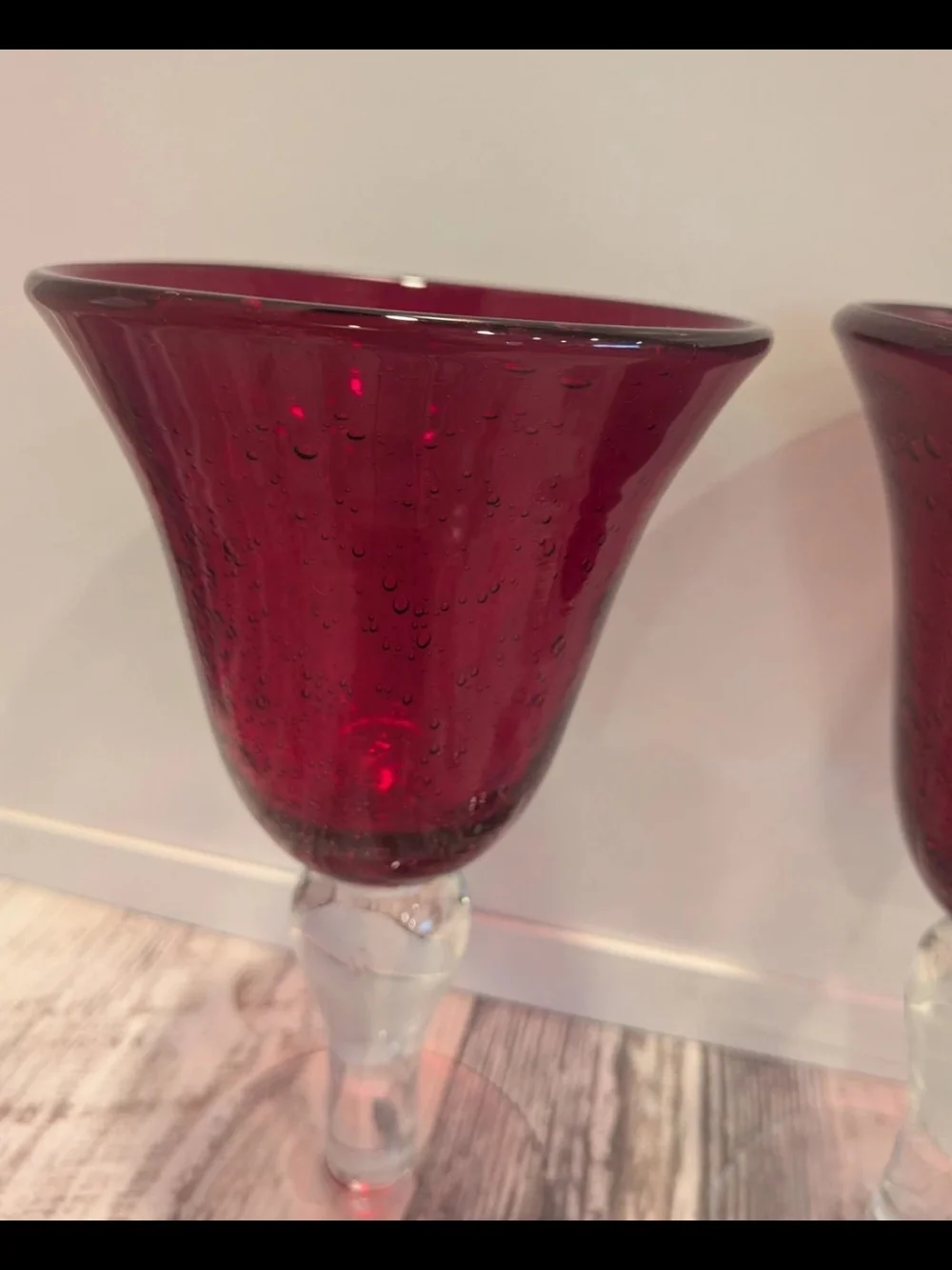 Pair of Artland Iris Ruby Red Seeded Glass Stemmed Goblets